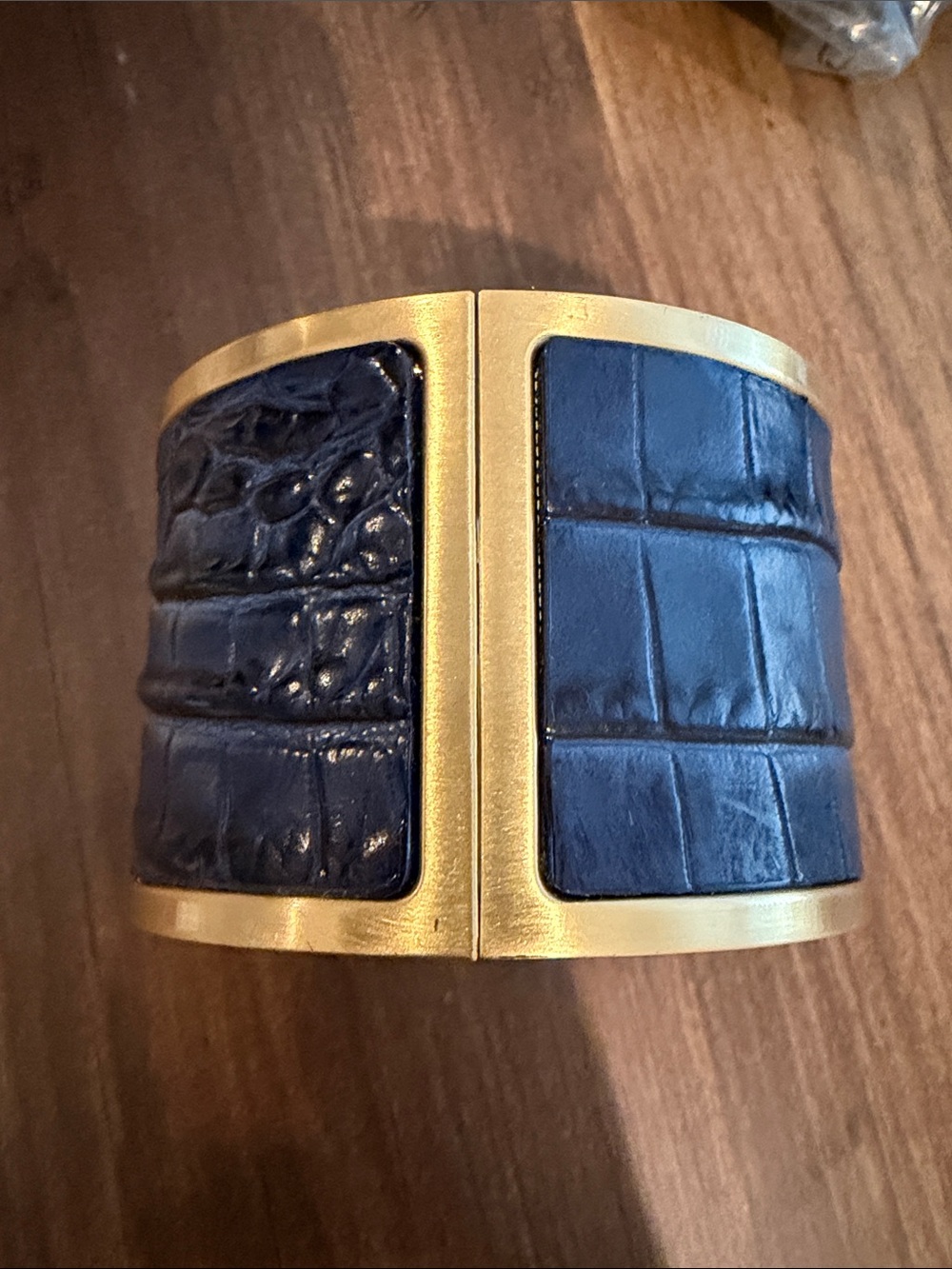 Brahmin Wide Navy Croc-Embossed Leather Cuff with Gold-Tone Trim